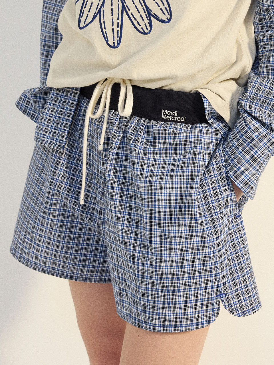 COTTON SHORTS CHECK CONTRAST WAISTBAND_NAVY
