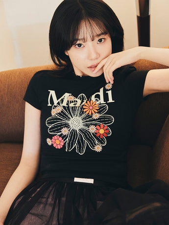 CROPPED TSHIRT FLOWERMARDI BLOSSOM_BLACK CREAM