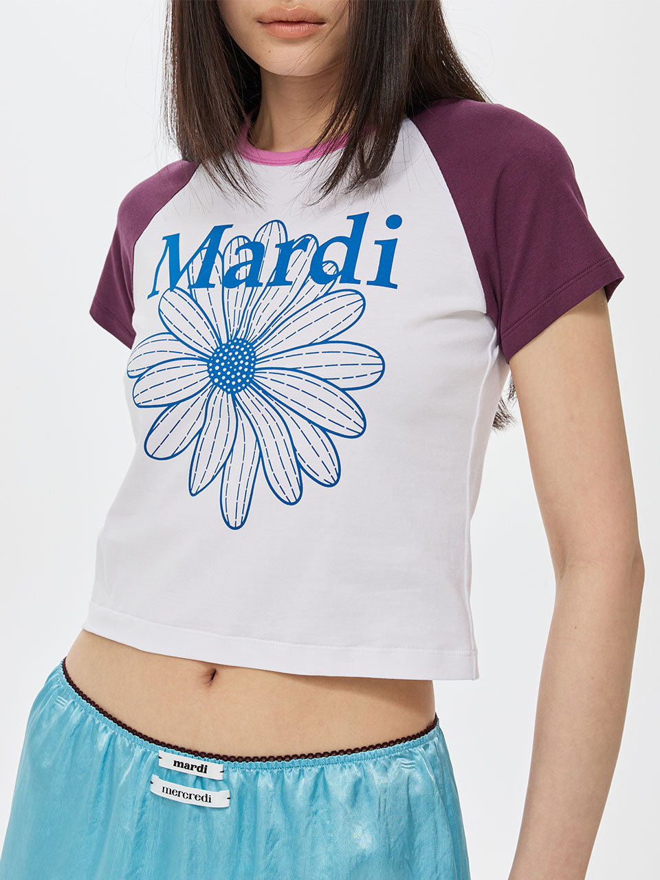 CROPPED TSHIRT RAGLAN FLOWERMARDI_WHITE BLUE