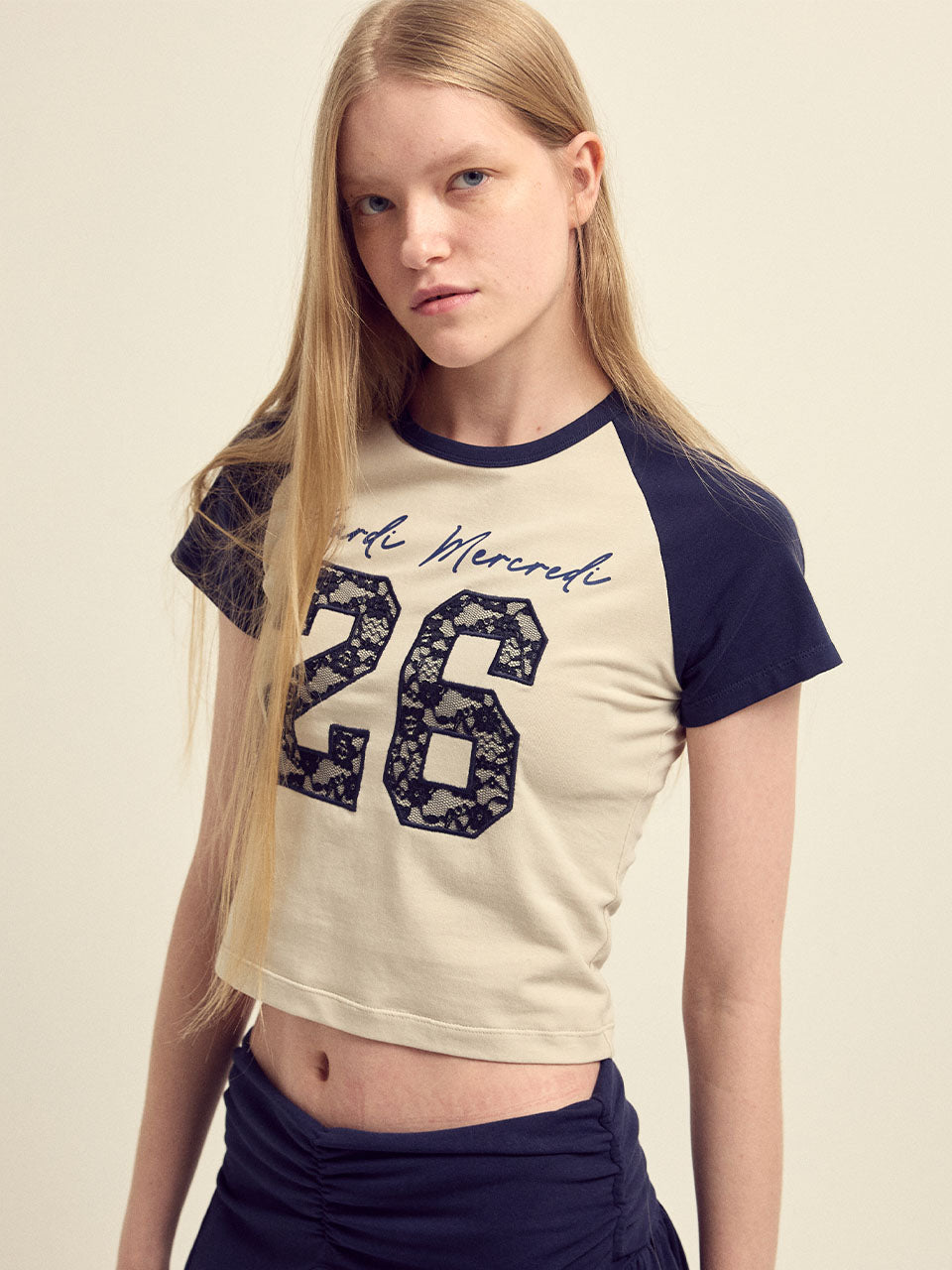 CROPPED TSHIRT RAGLAN NO.26 LACE_BEIGE NAVY