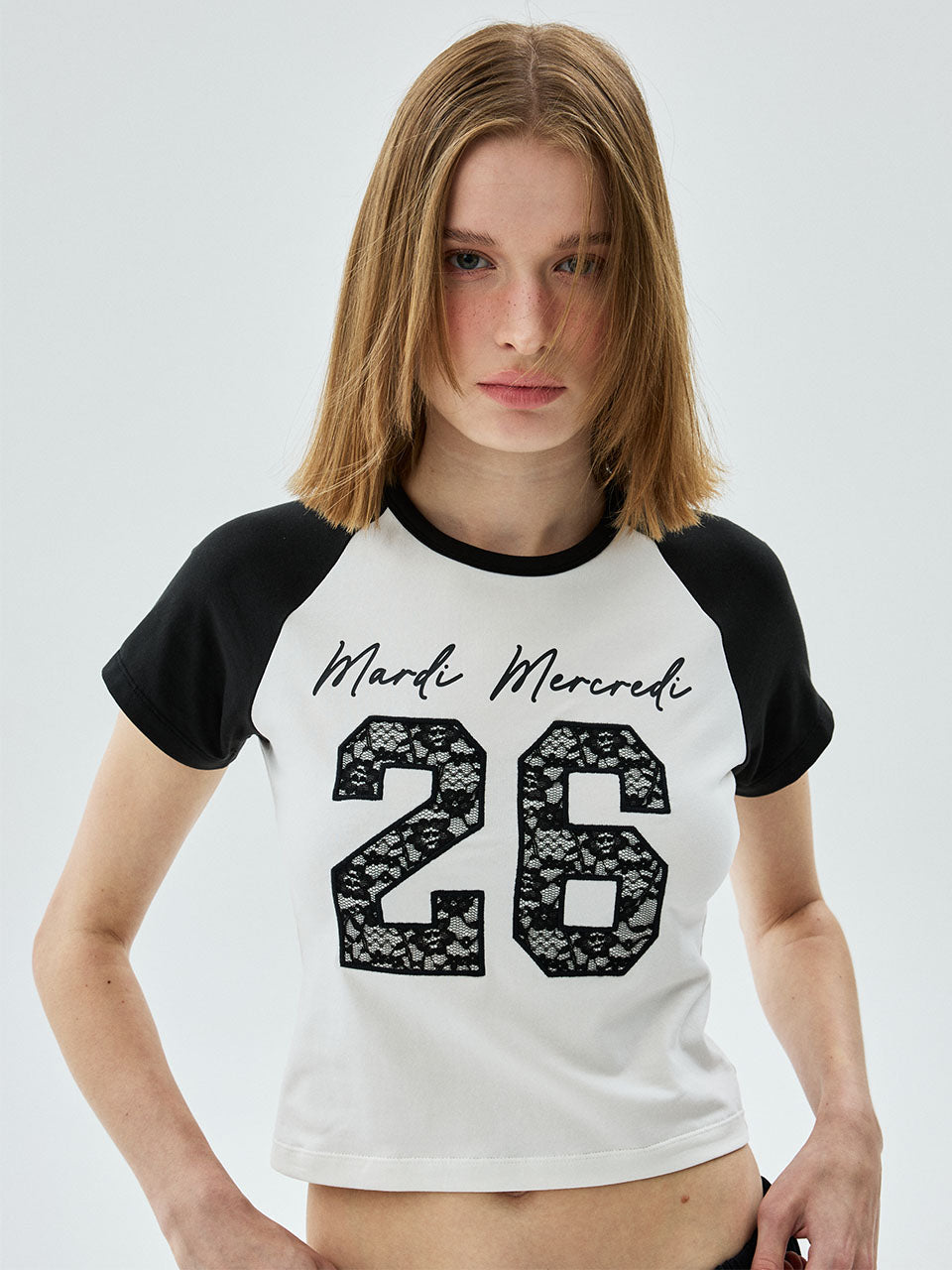 CROPPED TSHIRT RAGLAN NO.26 LACE_IVORY BLACK