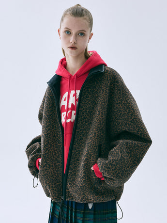 LEATHER TRIM FLEECE JACKET LEOPARD_BROWN