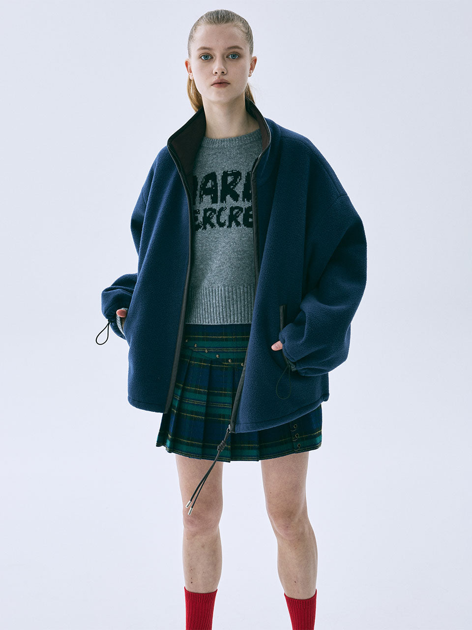 LEATHER TRIM FLEECE JACKET_NAVY