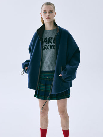 LEATHER TRIM FLEECE JACKET_NAVY