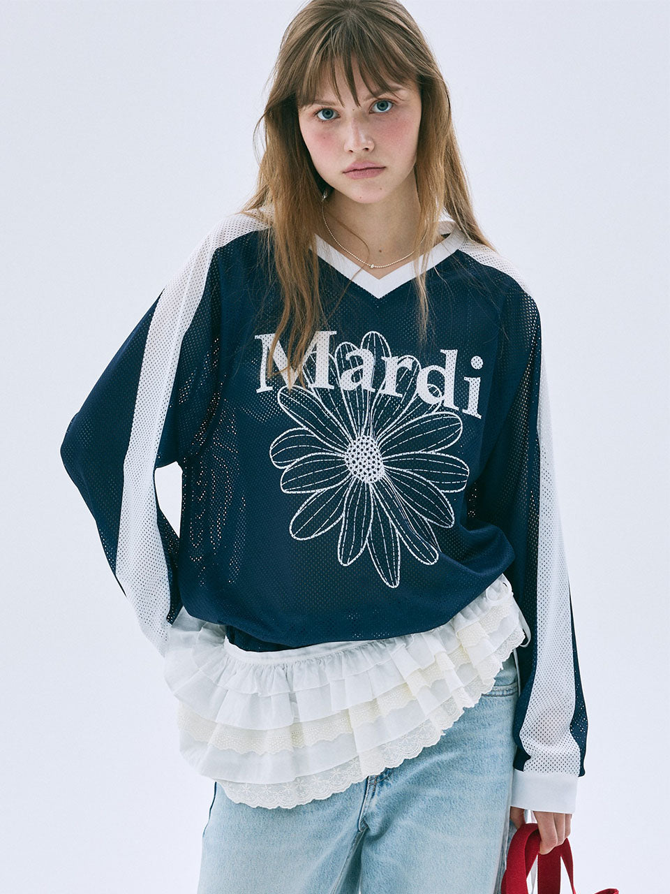 MESH JERSEY TOP LONG SLEEVE FLOWERMARDI_NAVY WHITE