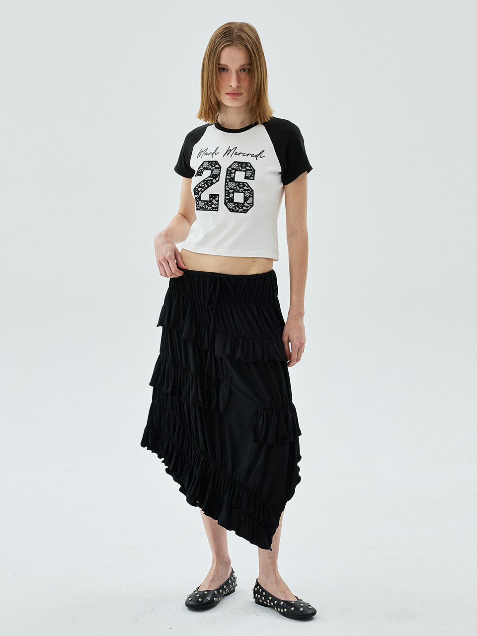 COTTON MIDI SKIRT FRILL_BLACK