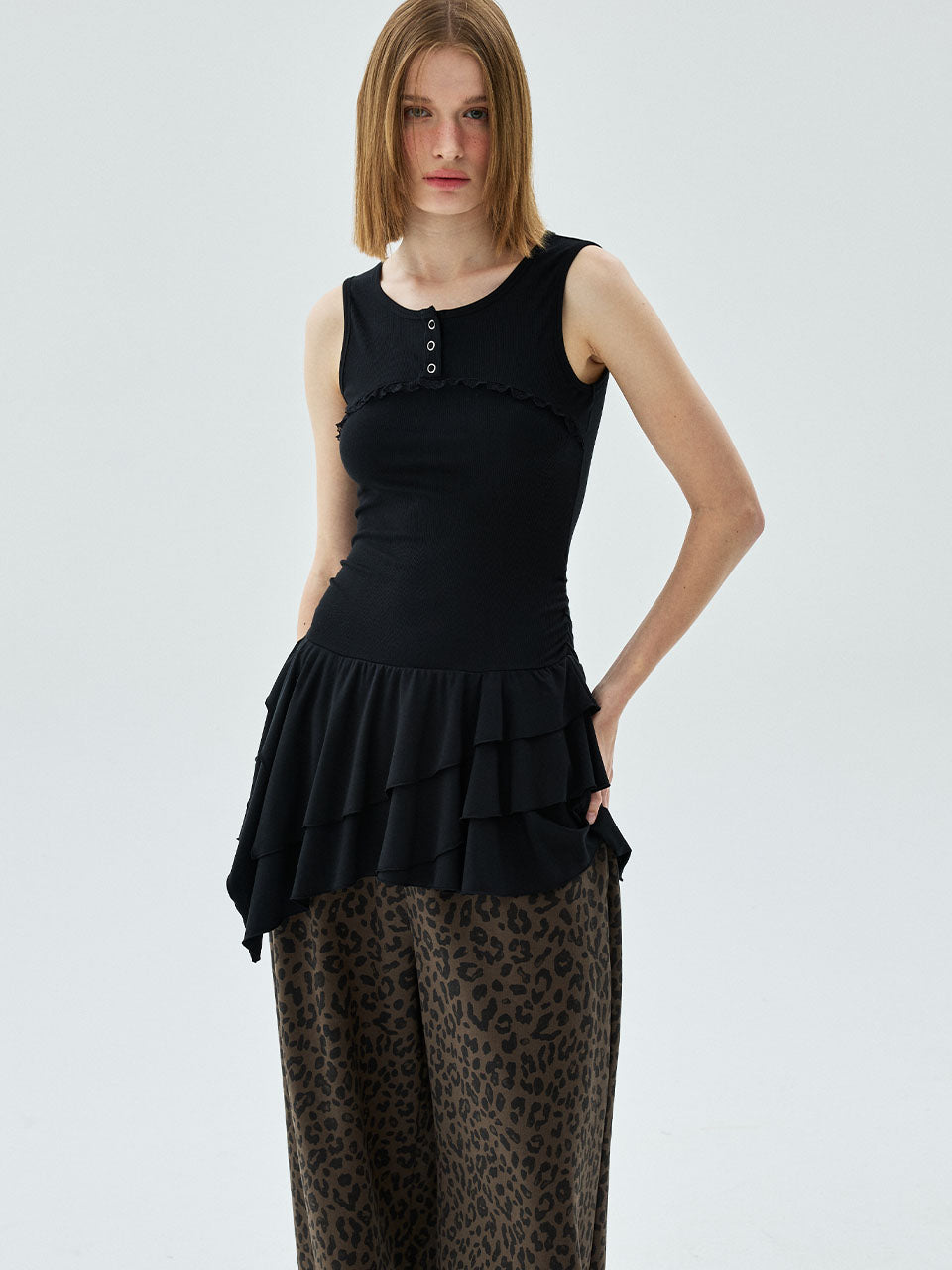 MINI LAYERED DRESS SLEEVELESS FRILL_BLACK