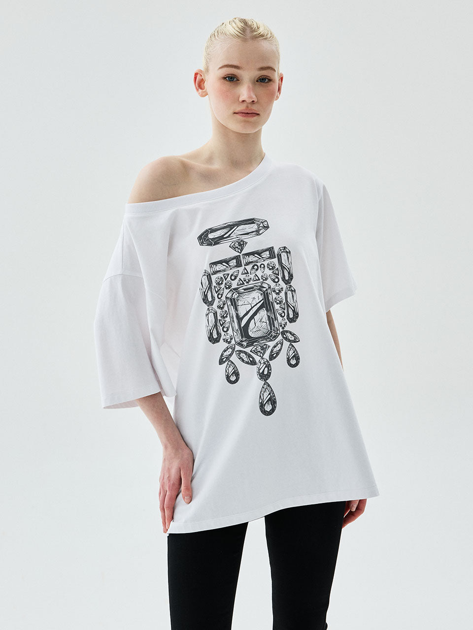 OVERSIZED TSHIRT OFF SHOULDER BIJOU_WHITE GREY