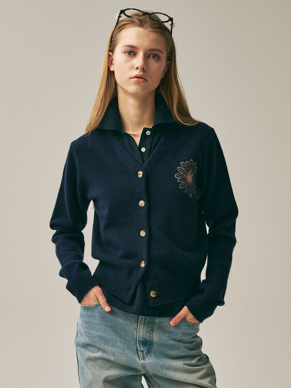 RACCOON BLENDED CARDIGAN V NECK_NAVY BEIGE