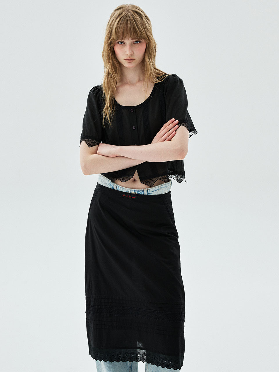 SHEER COTTON A LINE SKIRT LACE_BLACK