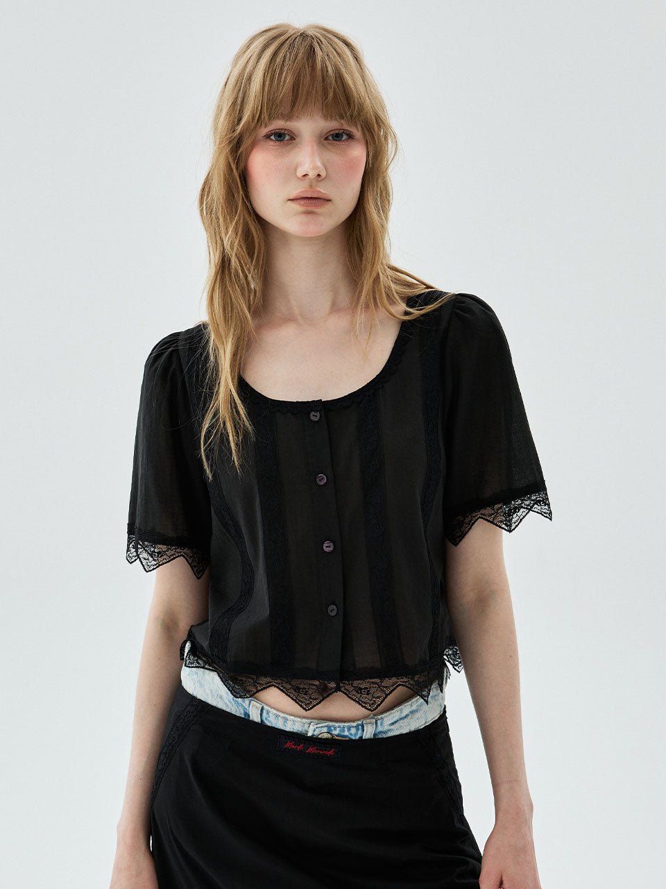 SHEER COTTON CROPPED BLOUSE LACE_BLACK
