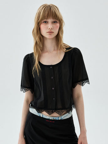 SHEER COTTON CROPPED BLOUSE LACE_BLACK