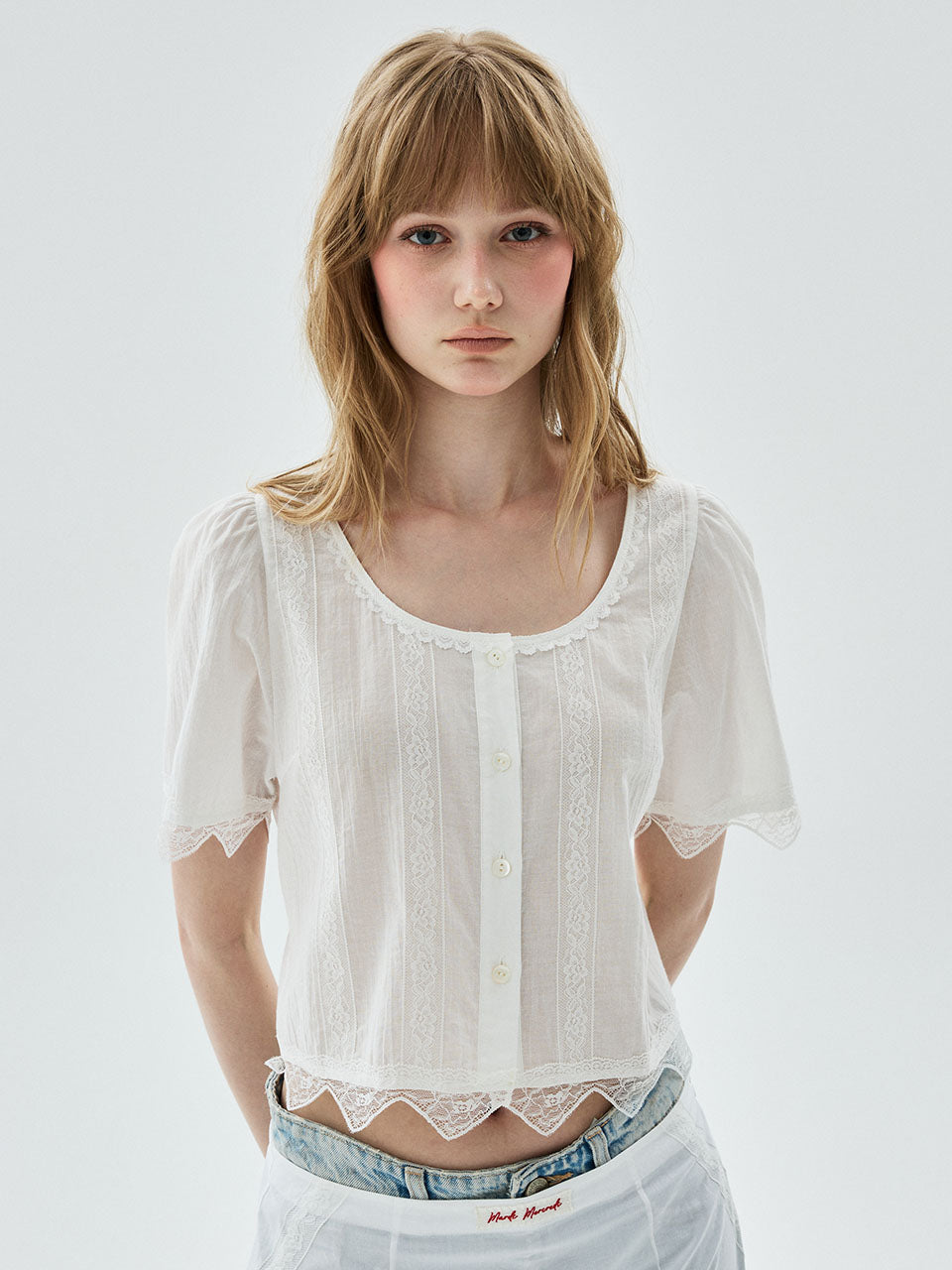 SHEER COTTON CROPPED BLOUSE LACE_WHITE