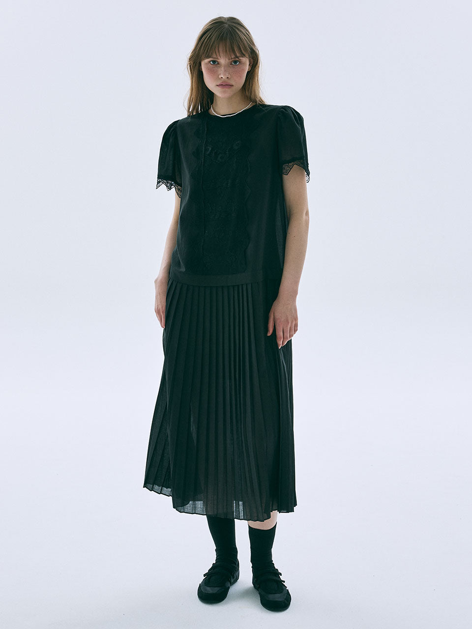 SHEER COTTON PLEATED MAXI DRESS LACE_BLACK