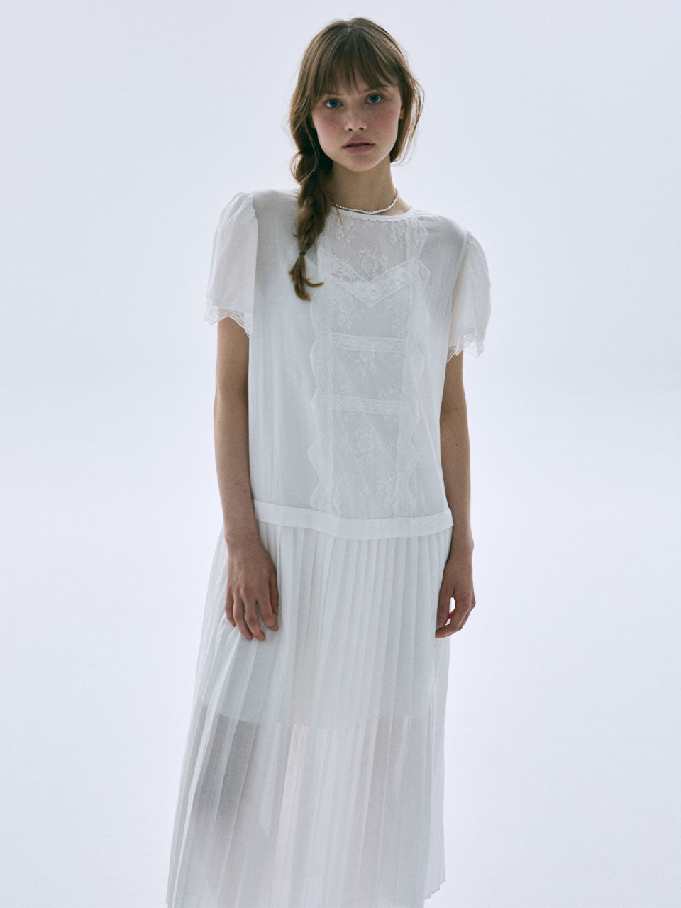 SHEER COTTON PLEATED MAXI DRESS LACE_WHITE