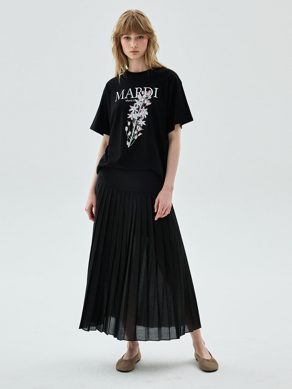 SHEER COTTON PLEATED SKIRT_BLACK
