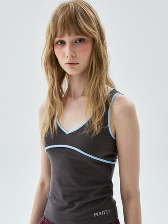 SLEEVELESS V NECK CONTRAST LINE_CHARCOAL