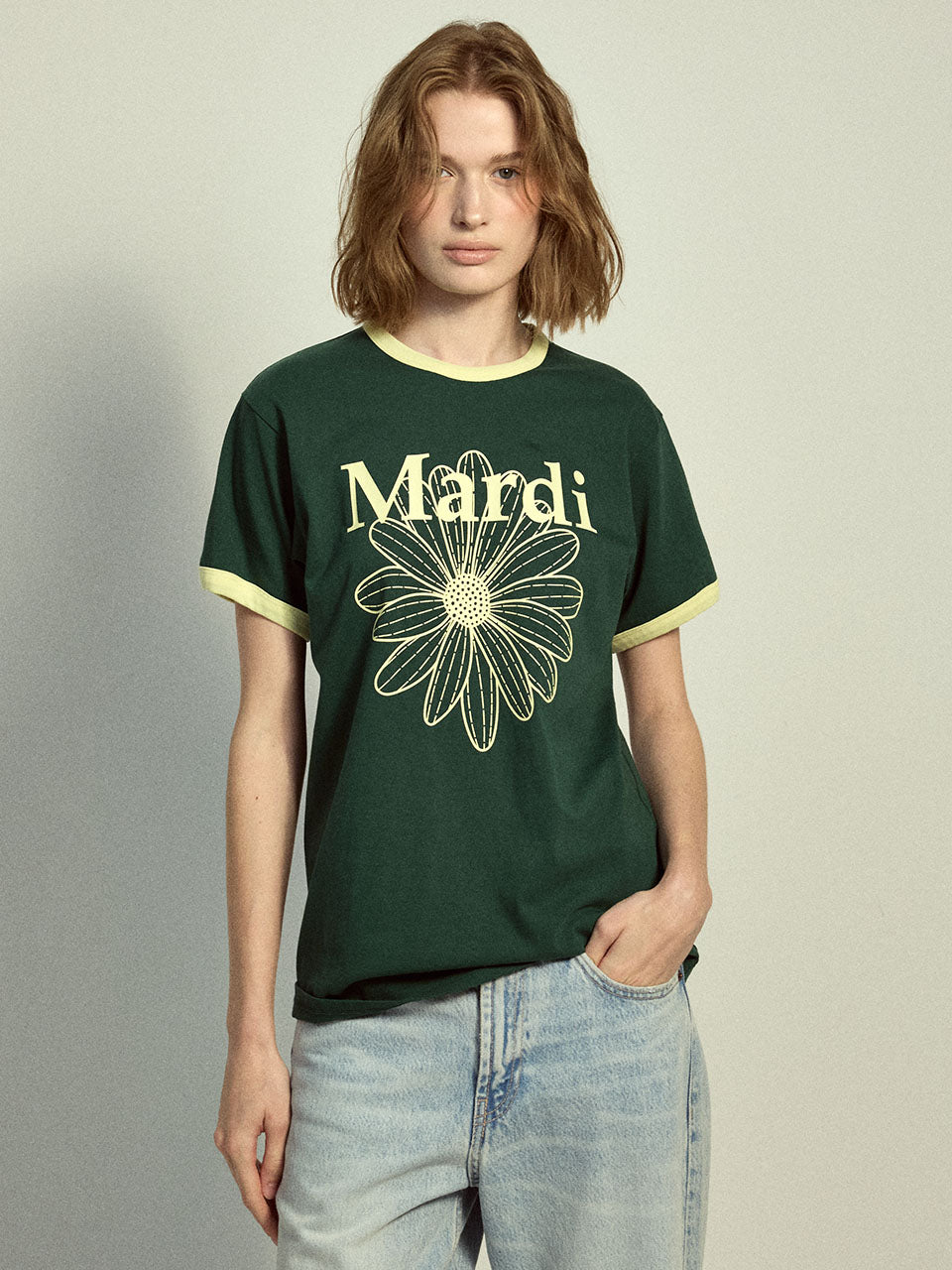 SLIM RINGER TSHIRT FLOWERMARDI_GREEN LEMON
