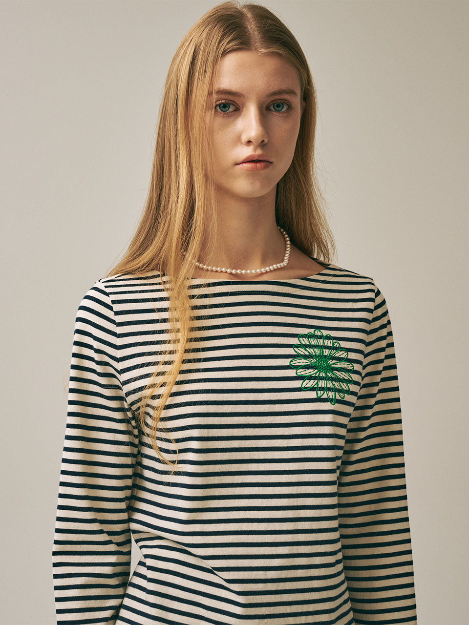 [Back in stock on October 24] SLIM TSHIRT 3/4 SLEEVE STRIPE_IVORY GREEN