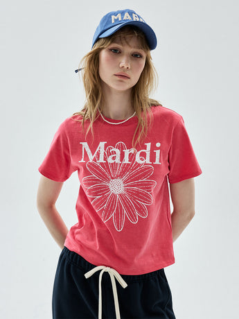 SLIM TSHIRT FLOWERMARDI CRACKED PIGMENT WASHING_RED WHITE