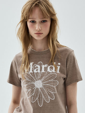 SLIM TSHIRT FLOWERMARDI CRACKED PIGMENT WASHING_TAUPE WHITE