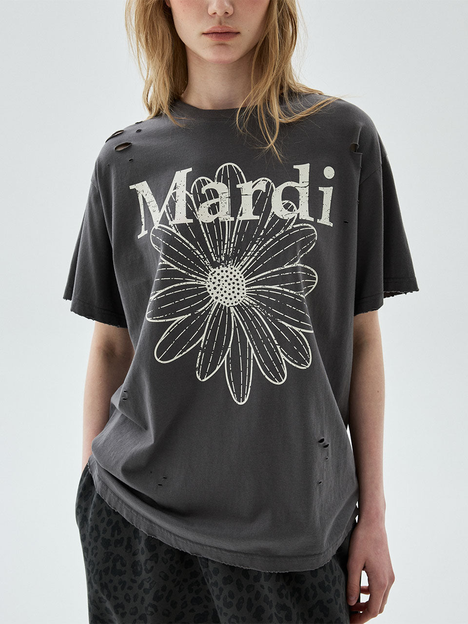 TSHIRT FLOWERMARDI CRACKED DESTROYED_CHARCOAL BEIGE