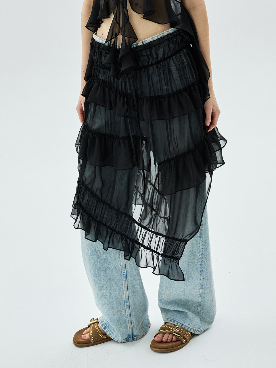 CHIFFON MIDI SKIRT FRILL_BLACK