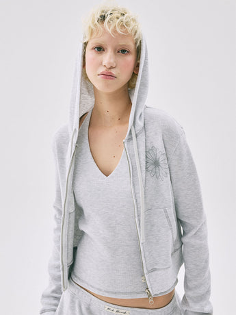 WAFFLE CROPPED HOODY ZIP UP FLOWER_HEATHER GREY
