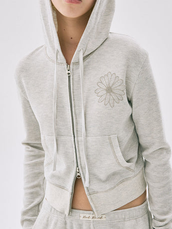 WAFFLE CROPPED HOODY ZIP UP FLOWER_OATMEAL BEIGE