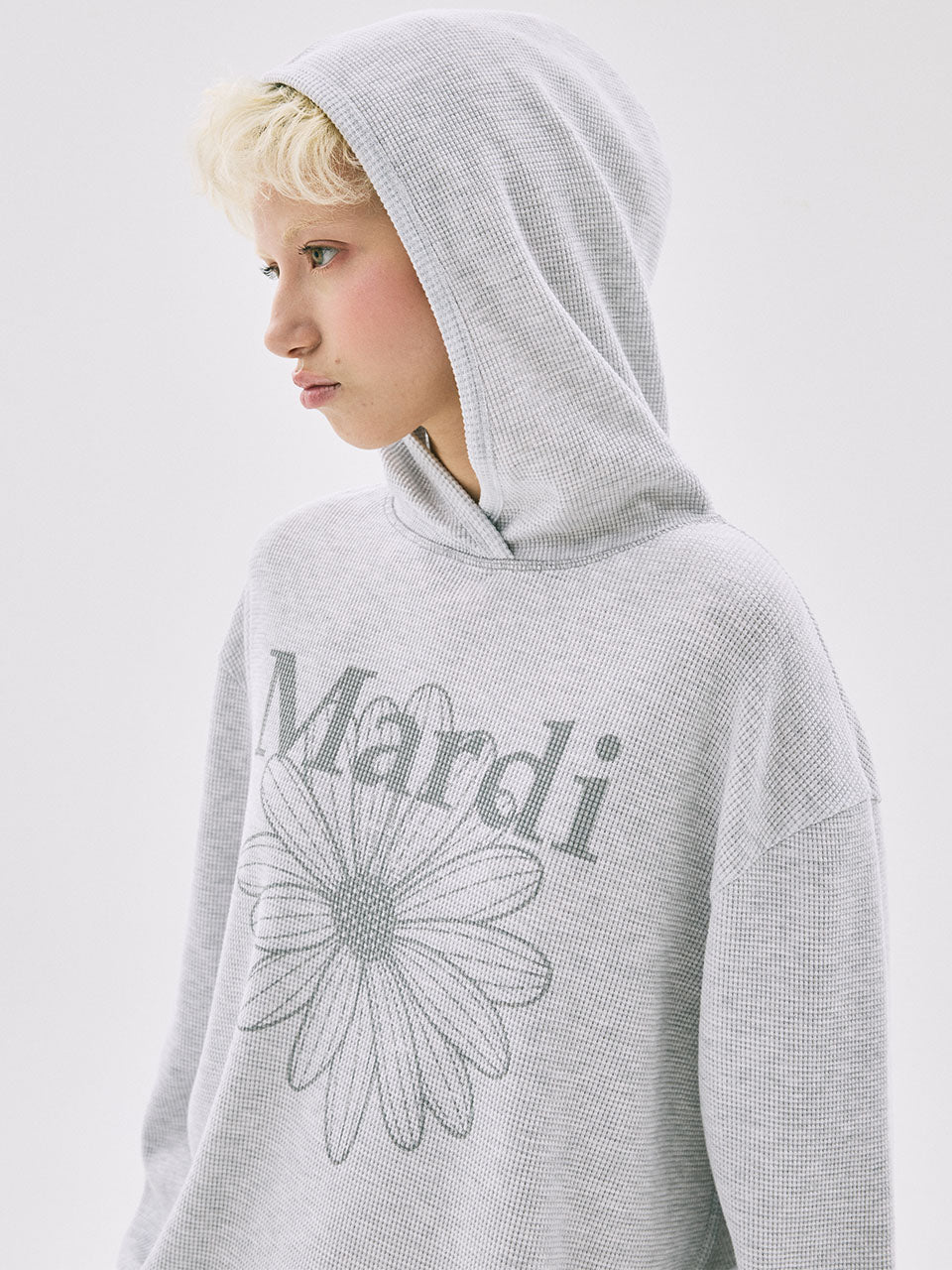 WAFFLE OVERSIZED HOODY FLOWERMARDI_HEATHER GREY