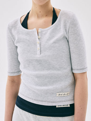 WAFFLE SLIM TOP HENLEY NECK HALF SLEEVE_HEATHER
