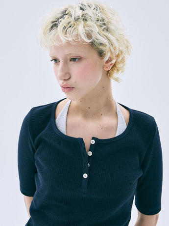 WAFFLE SLIM TOP HENLEY NECK HALF SLEEVE_NAVY
