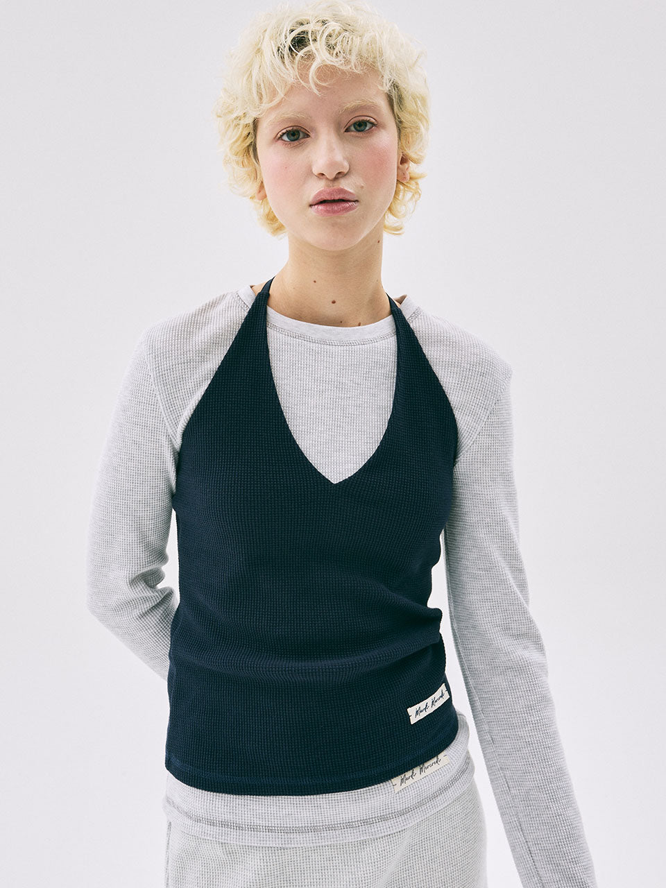 WAFFLE TOP HALTER NECK_NAVY