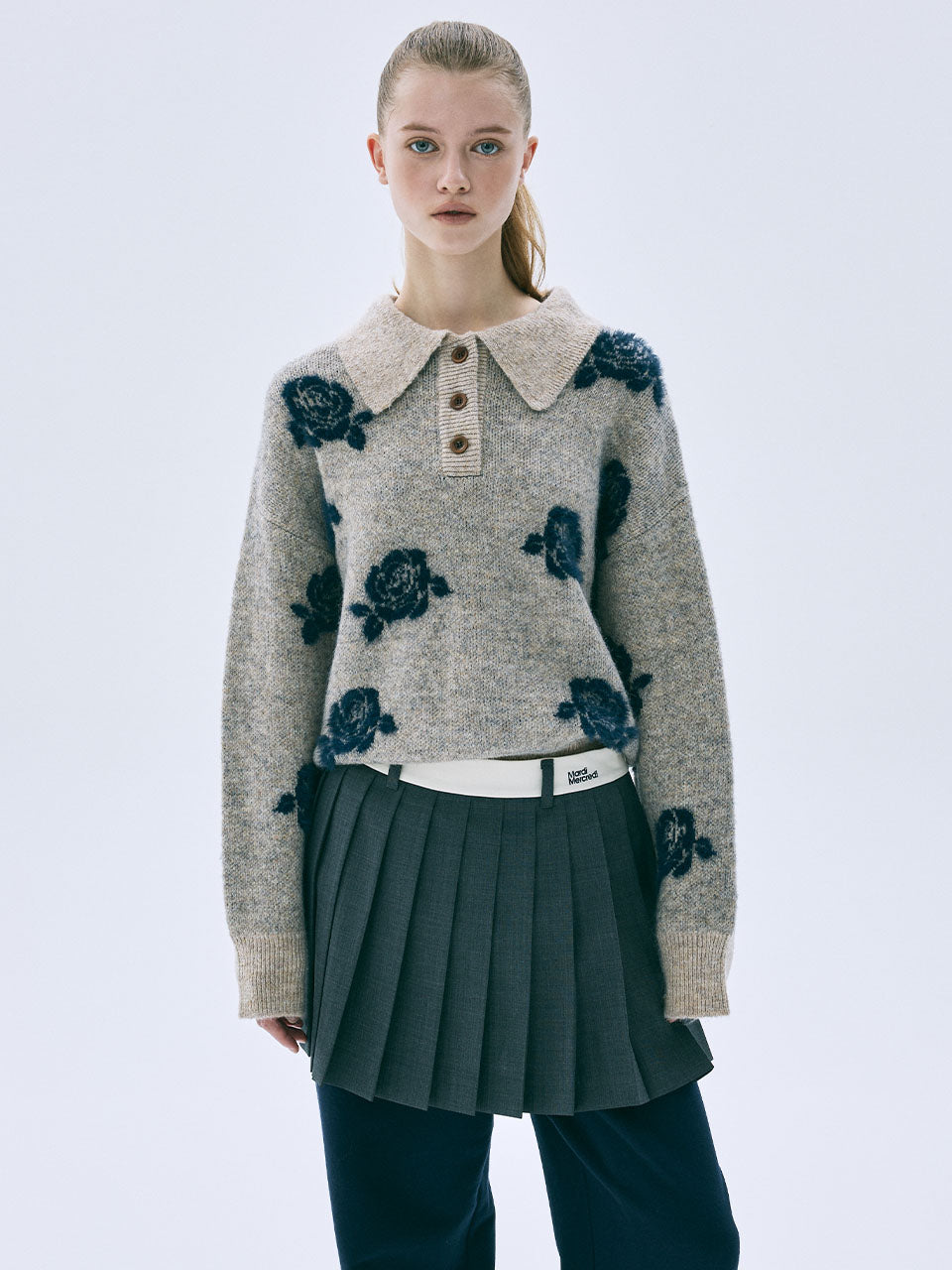 WOOL BLENDED JACQUARD TOP ROSE_BEIGE NAVY