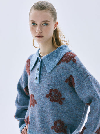 WOOL BLENDED JACQUARD TOP ROSE_BLUE BURGUNDY