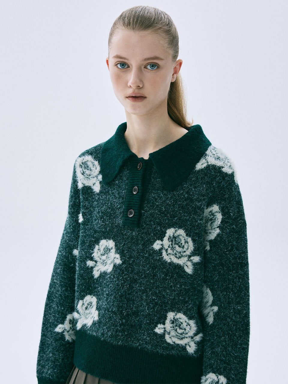 WOOL BLENDED JACQUARD TOP ROSE_GREEN CREAM
