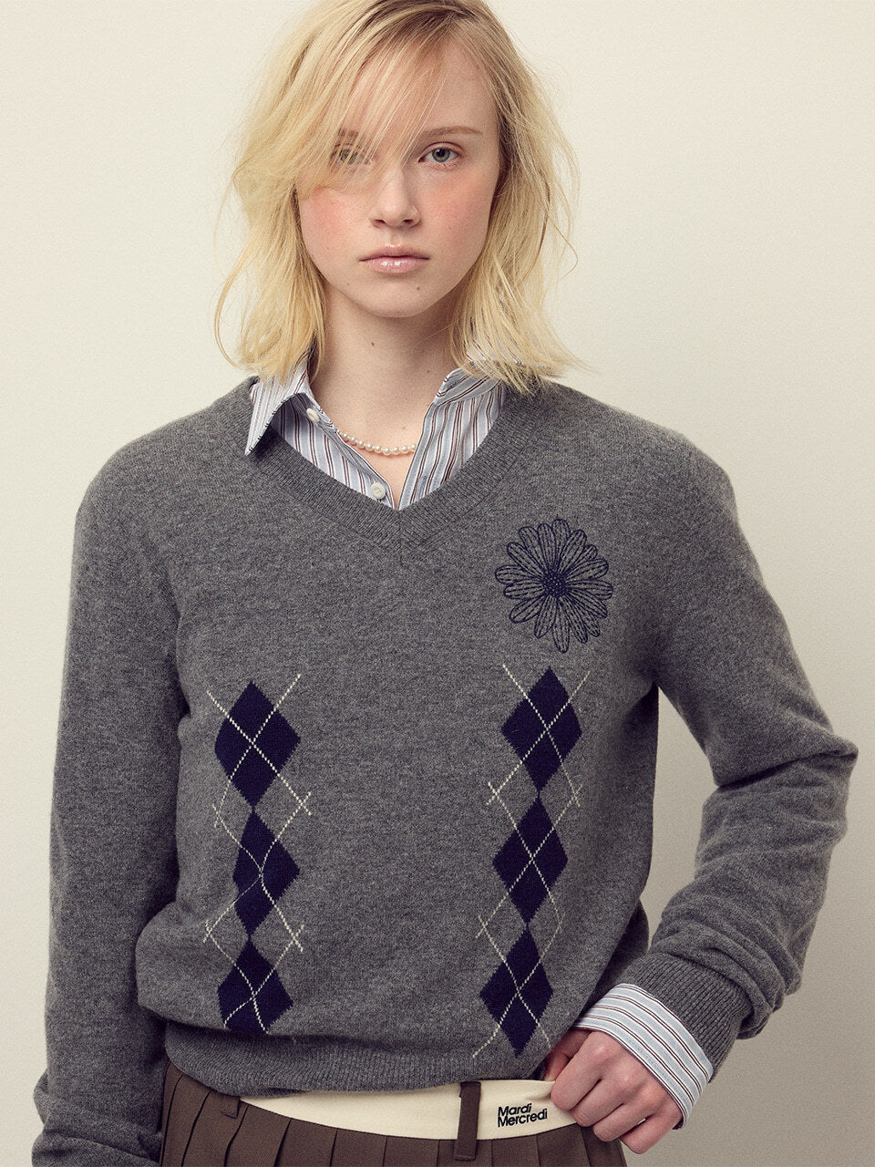 CASHMERE BLENDED V NECK ARGYLE_DEEPGREY NAVY