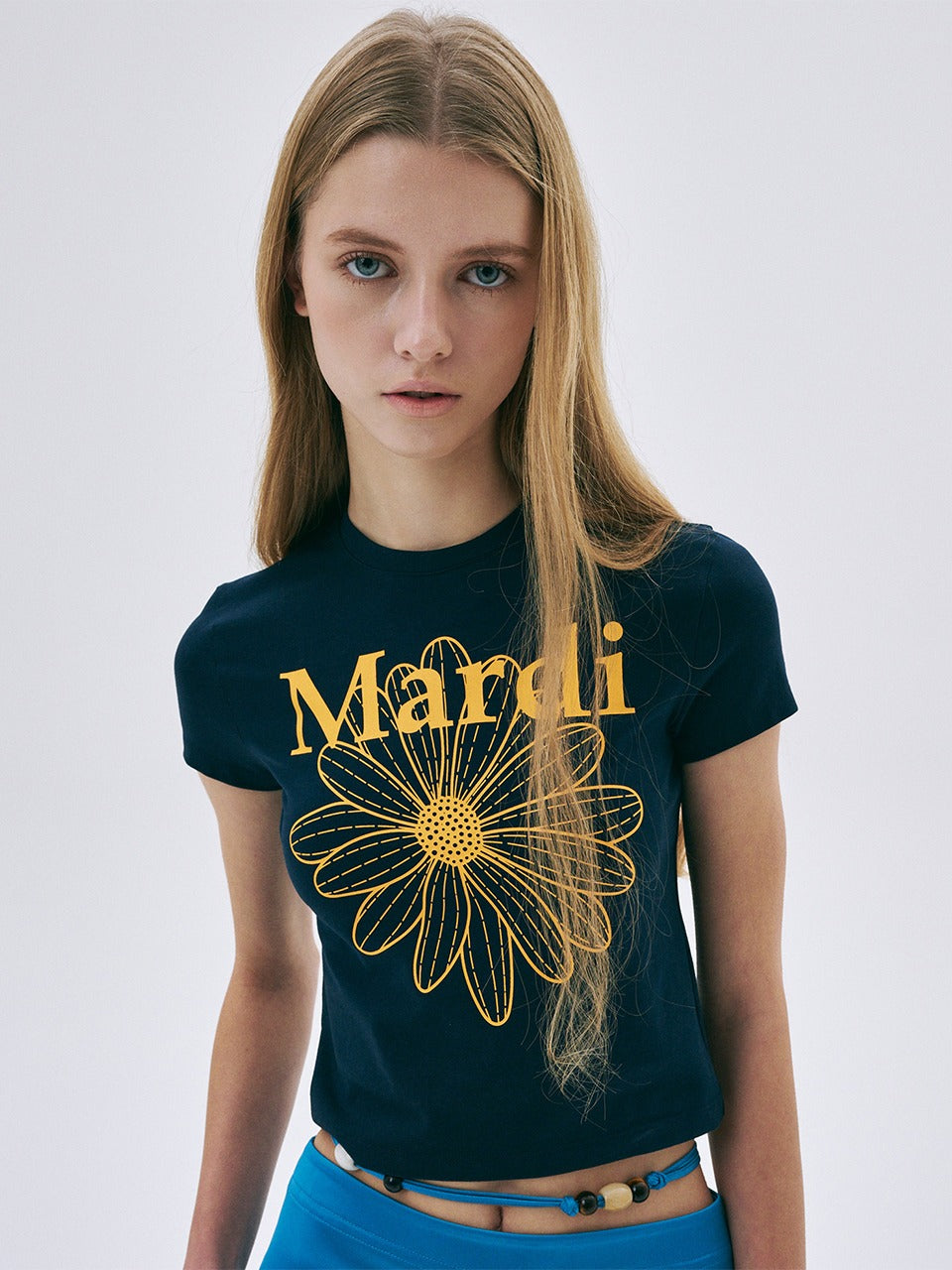 CROPPED TSHIRT FLOWERMARDI_NAVY TANGERINE
