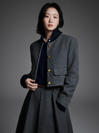 WOOL CROPPED JACKET ROUND NECK_CHARCOAL