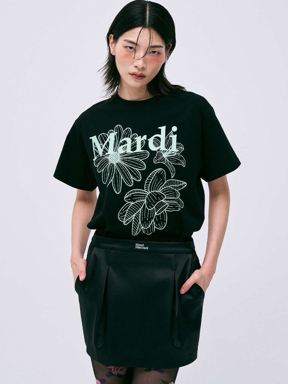 TSHIRT TRIPLE FLOWER_BLACK MINT