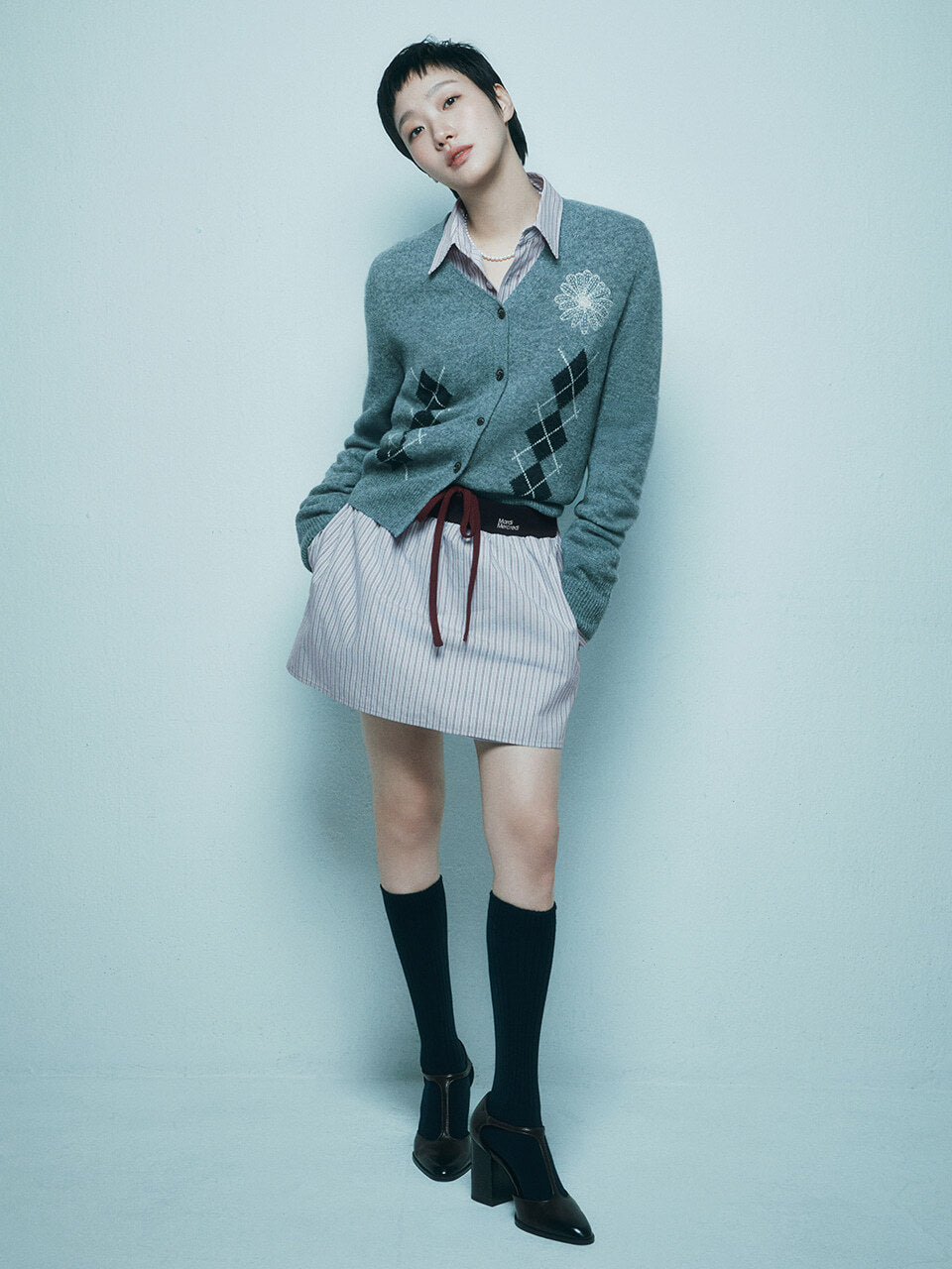 COTTON MINI SKIRT STRIPE CONTRAST WAISTBAND_BLUE