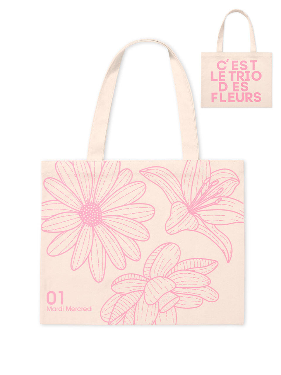 CANVAS BAG TRIPLE FLOWER_CREAM LIGHTPINK