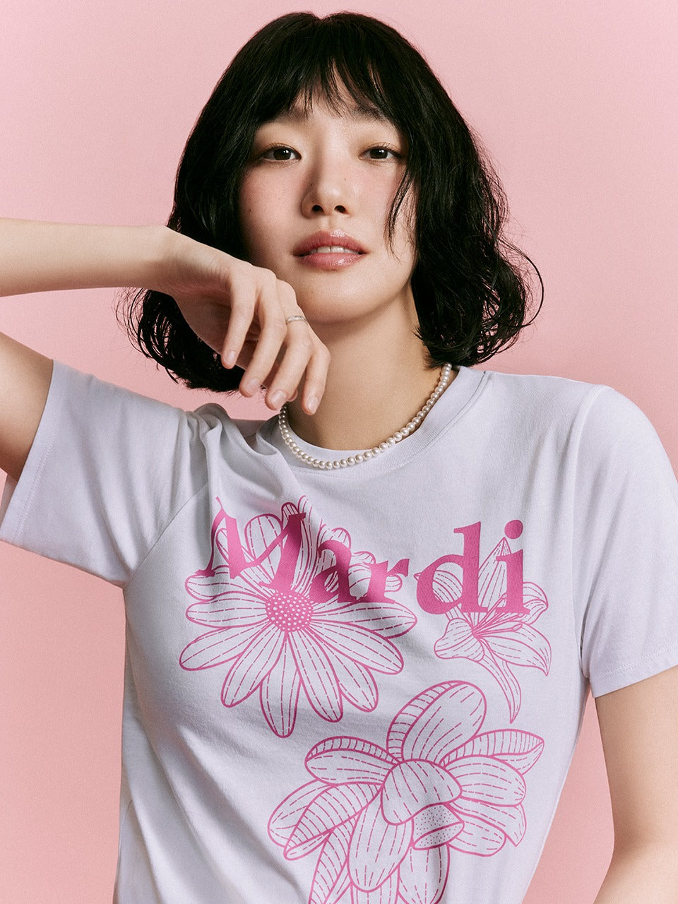 SLIM TSHIRT TRIPLE FLOWER_WHITE PINK