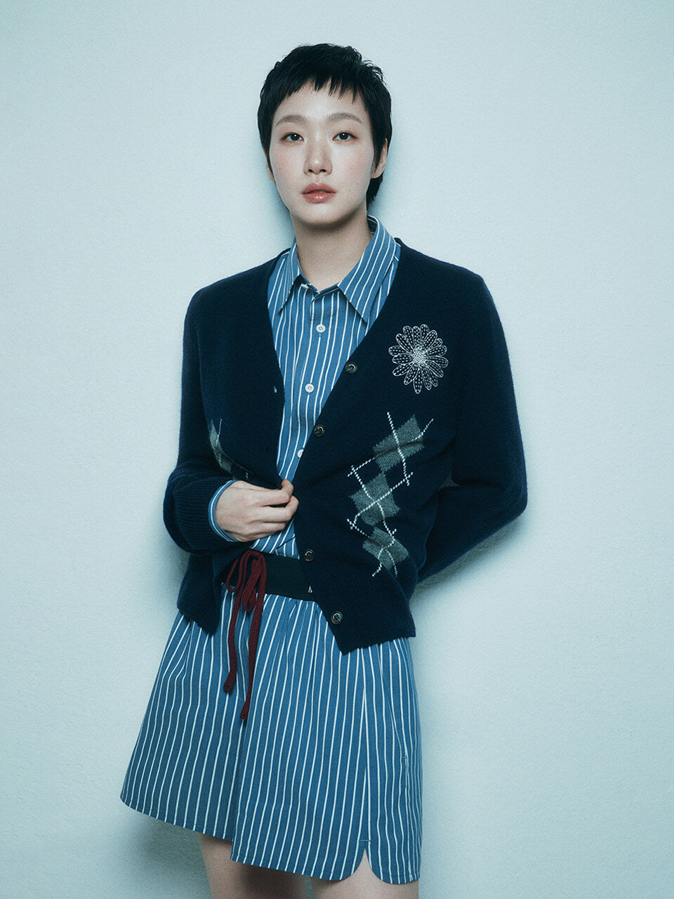 CASHMERE BLENDED CARDIGAN V NECK ARGYLE_NAVY CREAM