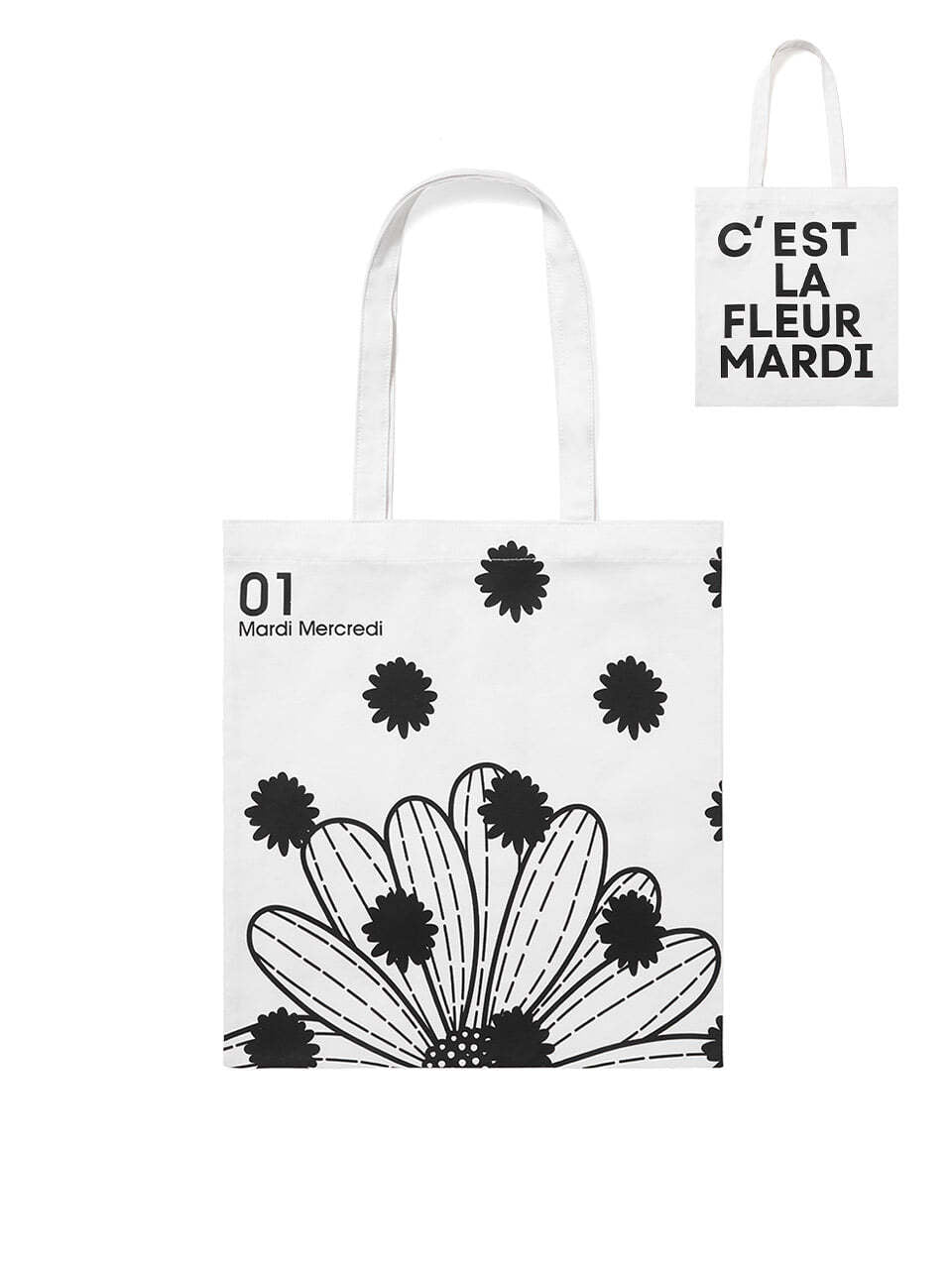 CANVAS BAG FLOWER DOTS_WHITE BLACK