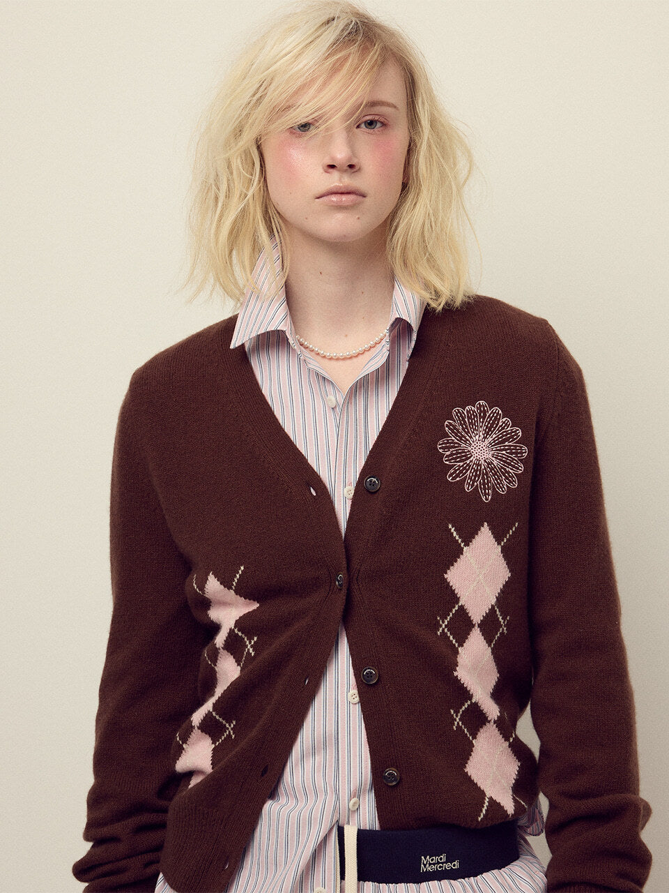 CASHMERE BLENDED CARDIGAN V NECK ARGYLE_CHOCOLATE PINK