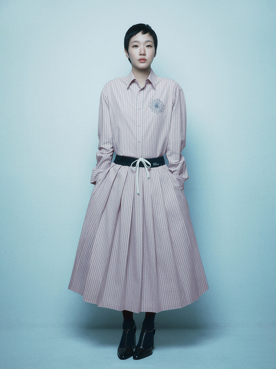 COTTON PLEATED MAXI SKIRT STRIPE_PINK